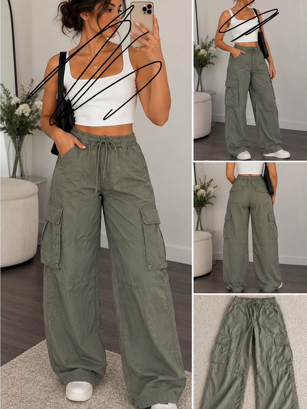 Wide Leg Cargo Pants in Olive Green - Women's